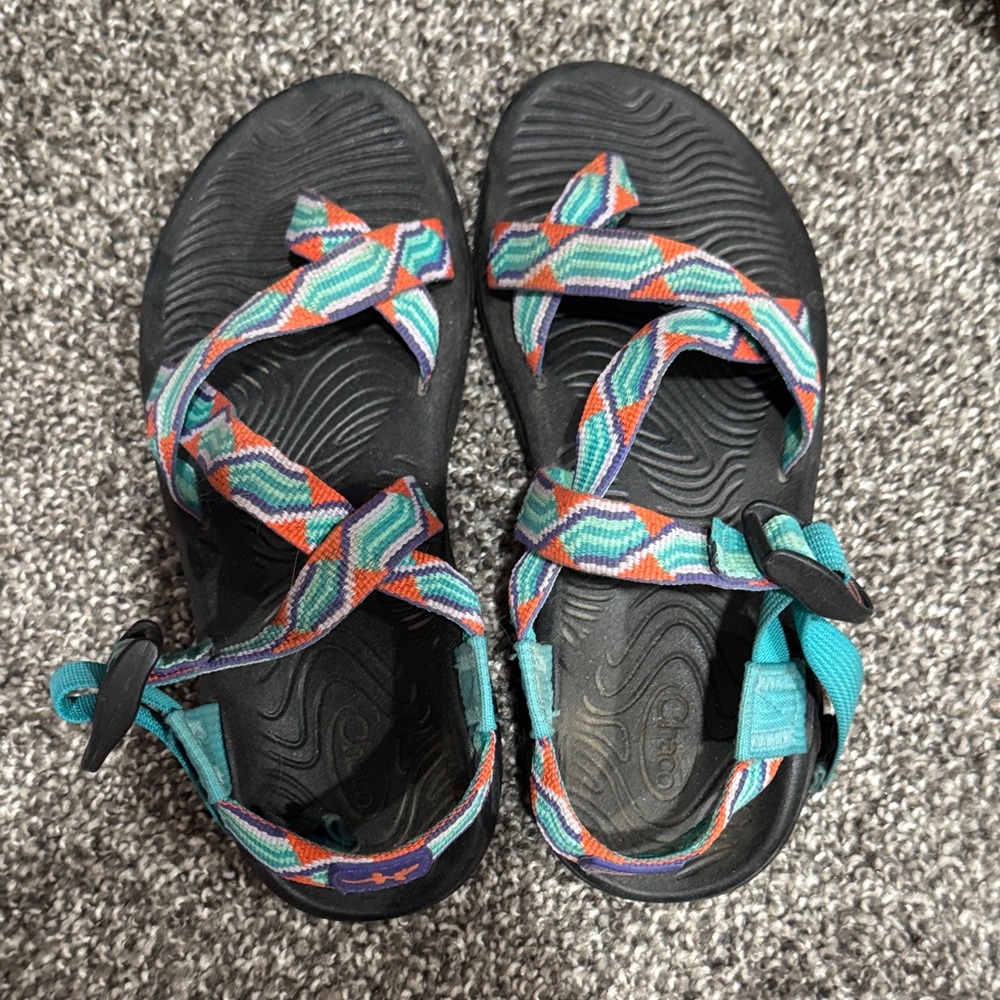 Chaco Strappy Sandals in Teal, Orange & Purple Pattern